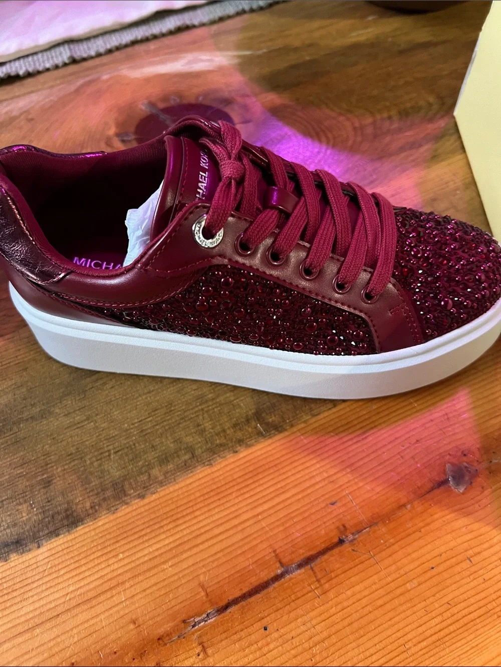 Michael Kors Romey Lace Up Red Crystal-Embellished Platform Sneakers